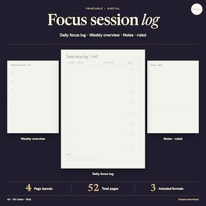 May include: A digital printable focus session log planner set featuring a daily focus log, weekly overview, and ruled notes pages. The layout includes columns for session, purpose, distraction, and checkboxes for completion, with 52 total pages.