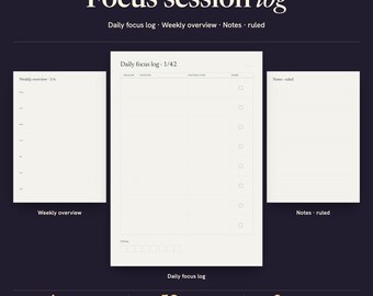 Fokussessionslogg, utskrivbar tidsinställd session och distraktionsmätare med veckoöversikt, A4 US Letter och digital nedladdning av GoodNotes för iPad