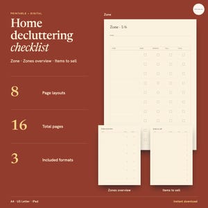 Puede incluir: Una lista de control digital imprimible para ordenar el hogar sobre un fondo color óxido con páginas color crema. El texto incluye Home decluttering checklist, 8 page layouts, 16 total pages, 3 included formats, A4, US Letter, iPad.