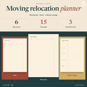 Puede incluir: Un planificador de mudanzas digital con 6 diseños de página, 15 páginas en total y 3 formatos incluidos. El documento presenta secciones para Room, Moving day y Address change, en papel color crema con texto oscuro y acentos rojos.