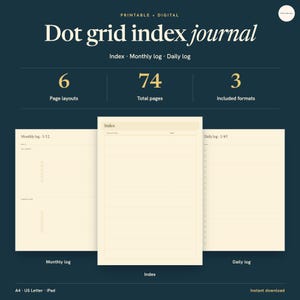 May include: A printable and digital dot grid index journal featuring 6 page layouts, 74 total pages, and 3 included formats. The design includes an index, monthly log, and daily log with cream-colored pages on a dark blue background.