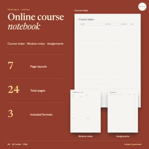 Könnte beinhalten: Eine digitale Vorlage für ein Online-Kursnotizbuch auf dunkelrotem Hintergrund. Es enthält sieben Seitenlayouts, vierundzwanzig Seiten insgesamt und drei Formate, darunter A4, US Letter und iPad. Der Text zeigt Course index, Module notes und Assignments.