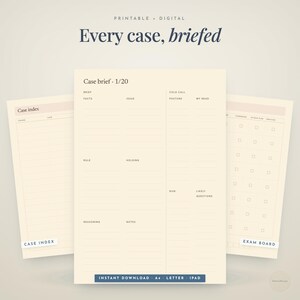 May include: A set of printable digital templates for law students featuring a case brief form, a case index, and an exam board. The cream-colored pages include sections for facts, issues, rules, holdings, reasoning, notes, and cold call preparation.