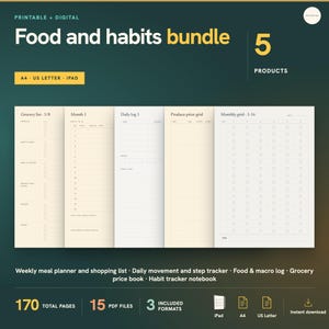 Puede incluir: Un paquete digital de alimentos y hábitos con 5 productos: lista de compras, registro mensual, registro diario, cuadrícula de precios de productos y cuadrícula mensual. Incluye 170 páginas, 15 archivos PDF y formatos A4, US Letter e iPad.
