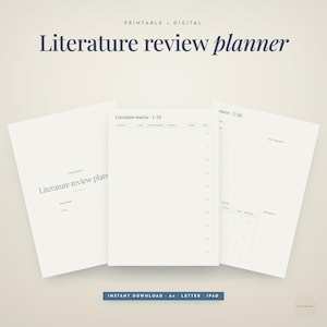 May include: A digital literature review planner featuring three white pages with black text. The pages include a cover sheet, a literature matrix table numbered 1-10, and a source tracking sheet numbered 1-30 with sections for key findings and quotes.