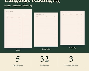 Utskrivbar språkläsningslogg, omfattande läsanteckningsbok för böcker, program och poddsändningar, nya ord och sammanfattningssidor, A4 US Letter iPad PDF