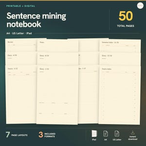 May include: A digital sentence mining notebook with 50 total pages featuring 7 page layouts in A4, US Letter, and iPad formats. The cream-coloured pages include sections for review, notes, sentence index, source index, and numbered entry fields.