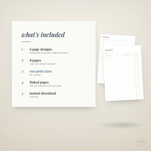 what's included · 6 page designs · recipe picks · week plan · fridge and freezer · 8 pages · cover and contents included · two print sizes · a4 · us letter · linked pages · tabs and contents reach every page · instant download · 3 pdf files