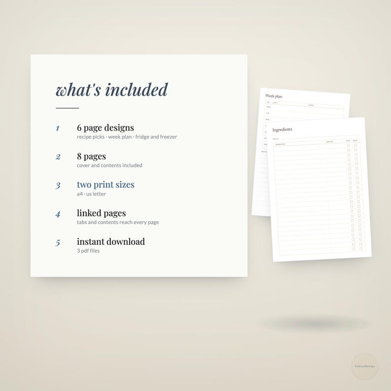 what's included · 6 page designs · recipe picks · week plan · fridge and freezer · 8 pages · cover and contents included · two print sizes · a4 · us letter · linked pages · tabs and contents reach every page · instant download · 3 pdf files