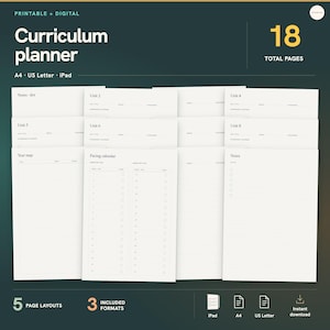 Może przedstawiać: Planer programu nauczania w wersji do druku i cyfrowej, zawierający łącznie 18 stron. Zestaw obejmuje formaty A4, US Letter oraz iPad. Białe strony zawierają różne układy, w tym planery jednostek, mapę roku, kalendarz tempa pracy oraz strony na notatki.