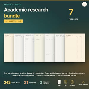 May include: An academic research bundle featuring 7 printable and digital products in A4, US Letter, and iPad formats. The set includes 243 total pages across 21 PDF files, with templates for a journal submission pipeline, research companion, grant and fellowship planner, qualitative research notebook, monthly planner, literature review planner, and literature review tracker.