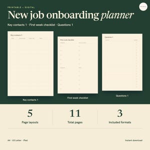 May include: A printable digital new job onboarding planner featuring three cream-colored page templates labeled Key contacts 1, First week checklist, and Questions 1. The graphic displays 5 page layouts, 11 total pages, and 3 included formats.