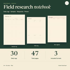 Puede incluir: Un cuaderno de investigación de campo digital imprimible con tres plantillas de página: registro de muestras, registro diario y registro de sitio. El conjunto incluye 30 registros diarios, 47 páginas en total y 3 formatos: A4, US Letter e iPad.