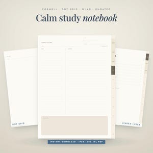 Könnte beinhalten: Ein digitales Studiennotizbuch mit einem Cornell-Layout, einer Seite mit Punktraster und einer verlinkten Indexseite. Die Seiten sind cremefarben mit dunklem Text, inklusive des Titels Calm study notebook und einem Zusammenfassungsbereich.