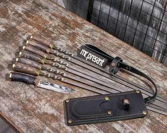 Regalo hecho a mano para él, juego de brochetas con estuche de cuero de primera calidad, cuchillo de caza de bronce fundido