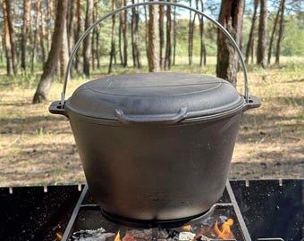 Cast Iron Combo Cooker, 8.5 Quart Camping Dutch Oven, Skillet Lid Pot 2-in-1
