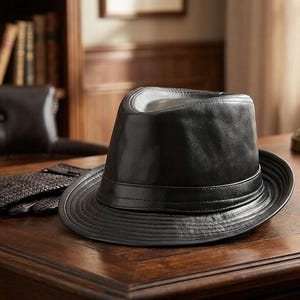Peut inclure: Un chapeau fedora en cuir noir avec un bord structuré et une bande autour de la couronne. Le chapeau est posé sur un bureau en bois à côté d'une paire de gants sombres. Le chapeau mesure environ 30 cm de diamètre.