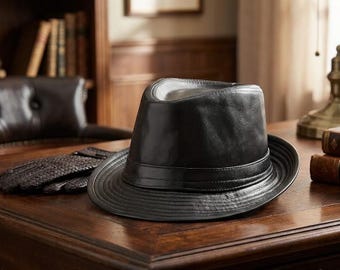 Czarny skórzany kapelusz fedora – klasyczny trilby z szerokim rondem – unisex w stylu vintage