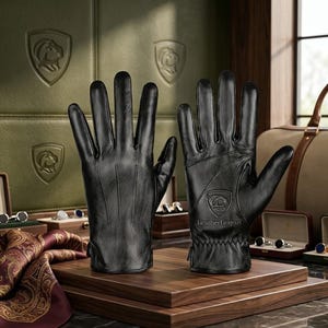 Könnte beinhalten: Zwei schwarze Lederhandschuhe auf einem Holzständer. Die Handschuhe weisen detaillierte Nähte und ein Logo am Handgelenk auf. Der Hintergrund zeigt eine grüne Wand mit geprägten Emblemen und eine Ledertasche.