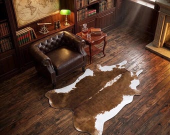 Alfombra de piel de vaca natural marrón – Alfombra de cuero genuino, decoración rústica del oeste