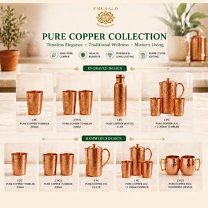 Puede incluir: Colección de utensilios para beber de cobre puro, que incluye vasos, botellas, jarras y tazas. Los diseños grabados y martillados muestran el color marrón rojizo del cobre. La imagen presenta varios tamaños y conjuntos.