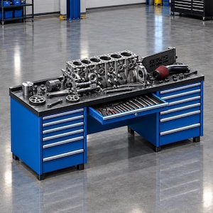 May include: A blue metal workbench with multiple drawers and a black top surface. The workbench is organized with various automotive engine components, including a cylinder head, pistons, gears, and a red air filter, with tools in an open drawer.