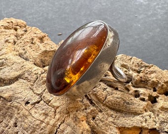Vintage zilveren amberkleurige statementring