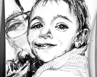 Portrait drawing, charcoal drawing, child portrait, father and child portrait, commissioned work