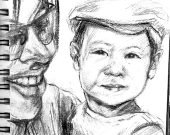Portrait drawing, charcoal drawing, mother and child portrait, father and child portrait, commissioned work, custom portrait