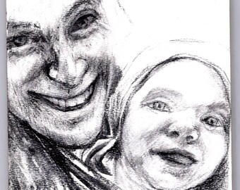 Retrato, dibujo a carboncillo, retrato de madre e hijo, retrato de padre e hijo, encargo, retrato personalizado