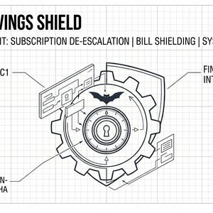 May include: A technical diagram titled "Senior Savings Shield" with the text "The Vampire Audit." The graphic features a shield design with a gear, lock, and bat symbol. Text includes "Protocol-C1" and "Financial Integrity Shield."