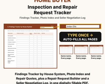 Home Buyer Inspection and Repair Request Tracker, Fillable PDF Organizer, First Time Home Buyer Checklist, Home Inspection Log