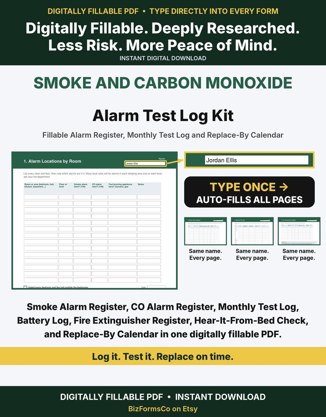 Smoke and carbon monoxide alarm test log