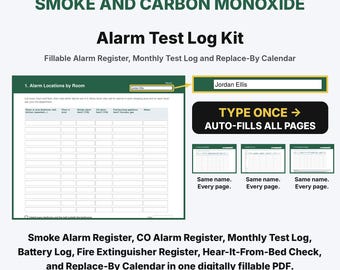 Smoke and Carbon Monoxide Alarm Test Log Kit, Fillable PDF Checklist, Smoke Detector Log, CO Alarm Replacement Dates, Battery Log