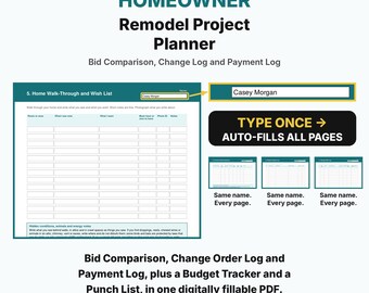 Homeowner Remodel Project Planner, Home Remodel Planner, Fillable PDF, Remodel Checklist, Contractor Bid Comparison, Change Order Log