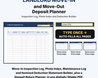 Landlord Move-In and Move-Out Deposit Planner, Landlord Move Out Checklist, Security Deposit Tracker, Rental Property Inspection Form