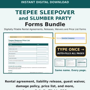 Protect Your Teepee Rental Business - Teepee Sleepover Fillable PDF, Party Rental Agreement, Guest Waiver, Damage Policy