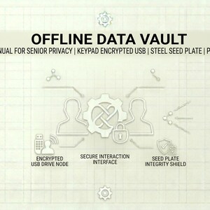 May include: An informational graphic with the title "OFFLINE DATA VAULT". The image includes the text "THE OFFLINE VAULT MANUAL FOR SENIOR PRIVACY | KEYPAD ENCRYPTED USB | STEEL SEED PLATE | PRIVATE DATA STORAGE". It also features icons and text related to data security.