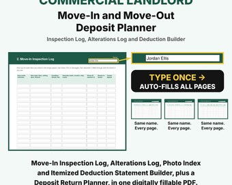 Commercial Landlord Move-In and Move-Out Deposit Planner, Commercial Lease Move Out Checklist, Security Deposit Tracker, Tenant Log