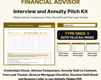 Financial Advisor Interview and Annuity Pitch Kit, Fillable PDF Checklist, Questions to Ask an Advisor, Annuity Free Look, Seminar Log