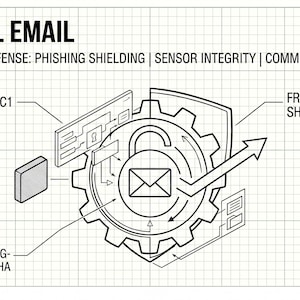 Puede incluir: Diagrama titulado "FIREWALL EMAIL" con el texto: "SENIOR FRAUD DEFENSE: PHISHING SHIELDING | SENSOR INTEGRITY | COMMUNICATION DEFENSE." La imagen muestra un engranaje con un icono de correo electrónico, un escudo y flechas, etiquetados como "PROTOCOL-C1" y "PHISHING-NODE-ALPHA."