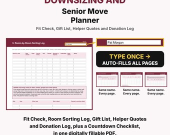 Downsizing and Senior Move Planner, Fillable PDF Organizer, Moving to a Smaller Home Checklist, Estate Cleanout, Declutter, Donation Log