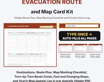 Evacuation Route and Map Card Kit, Fillable PDF Planner, Family Evacuation Plan, Emergency Route Checklist, Paper Map Log