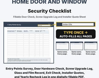 Home Door and Window Security Checklist, Fillable PDF Planner, Home Security Checklist, Strike Plate and Deadbolt Check, Window Film Log