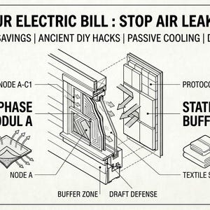 May include: Diagram showing how to stop air leaks to reduce electricity bills. The image includes text such as "Active Phase Modul A" and "Static Buffer". The diagram shows a cross-section of a window and wall, with labels and arrows.