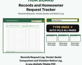 HOA Board Records and Homeowner Request Tracker, Fillable PDF HOA Records Request Log, Violation Notice Log, Vendor Quote Comparison