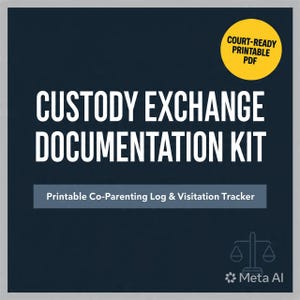 以下が含まれることがあります： 「CUSTODY EXCHANGE DOCUMENTATION KIT」と書かれた白い文字の濃い青色のグラフィック。 「COURT-READY PRINTABLE PDF」の黄色い円が含まれています。 下には「Printable Co-Parenting Log & Visitation Tracker」とあります。 下部にスケールアイコンがあります。
