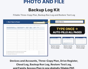 Photo and File Backup Log Kit, Fillable PDF Checklist, Three-Copy Backup Plan, Restore Test Log, Cloud and Drive Tracker
