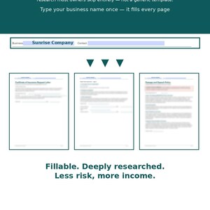 May include: A digital document template set featuring a dark teal background with white text. The text reads: SHE CALLED THREE OTHER OWNERS FIRST. Yours was the only paperwork that didn't look like a joke. Fillable. Deeply researched. Less risk, more income. No editing app. No retyping. No [brackets] to delete. Open in any free PDF reader and just type. FILLABLE PDF &bull; INSTANT DOWNLOAD. BizFormsCo on Etsy.