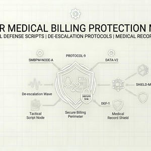 Puede incluir: Un diagrama con el título "SENIOR MEDICAL BILLING PROTECTION MANUAL" y el subtítulo "TACTICAL DEFENSE SCRIPTS | DE-ESCALATION PROTOCOLS | MEDICAL RECORD SHIELDING". El diagrama incluye un escudo con un candado y nodos etiquetados con términos como "SMBPM-NODE-A" y "PROTOCOL-9".